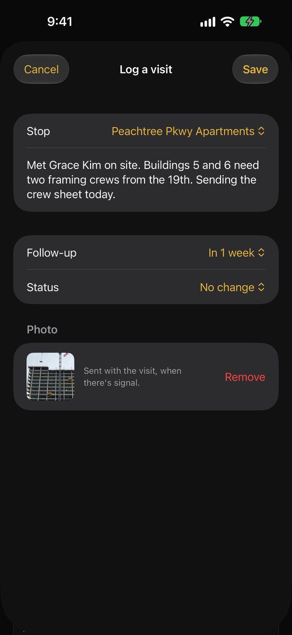 Log a visit sheet: a note, a one-week follow-up and a site photo