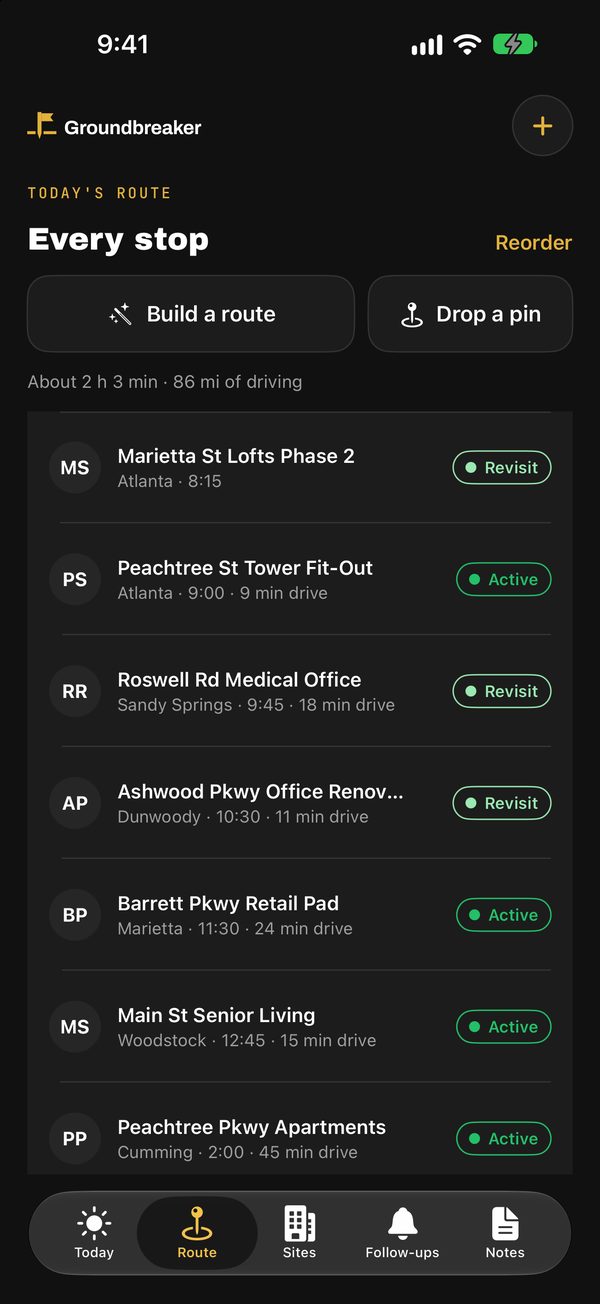 Route screen: seven stops in driving order, about 2 hours 3 minutes and 86 miles of driving